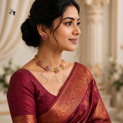 Gold-Toned Traditional Choker Necklace Set with Pink & Green Stone Circular Motifs