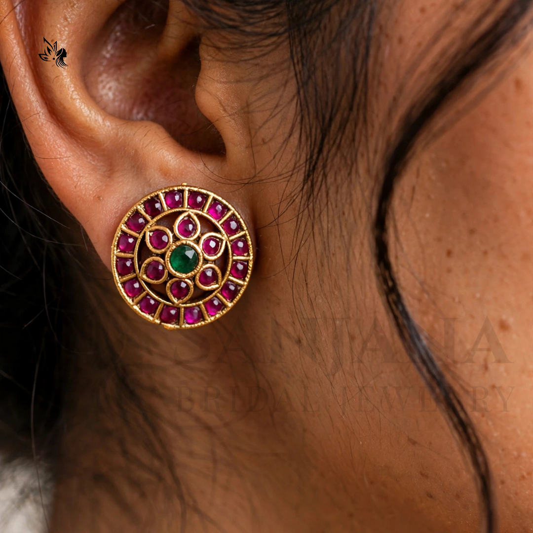 Gold-Toned Traditional Choker Necklace Set with Pink & Green Stone Circular Motifs
