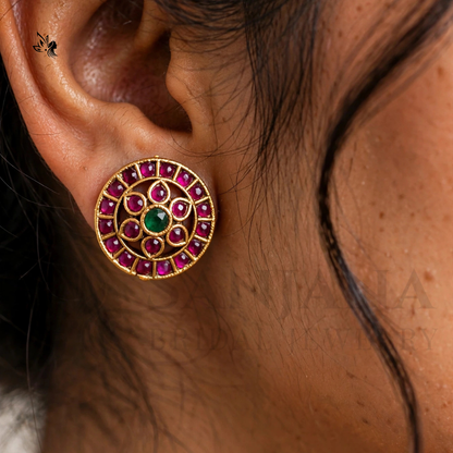 Gold-Toned Traditional Choker Necklace Set with Pink & Green Stone Circular Motifs