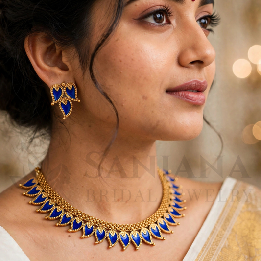 Blue Enamel Leaf Gold-Plated Necklace Set with Matching Stud Earrings
