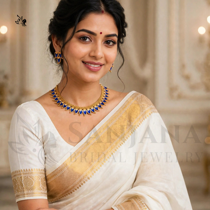 Blue Enamel Leaf Gold-Plated Necklace Set with Matching Stud Earrings