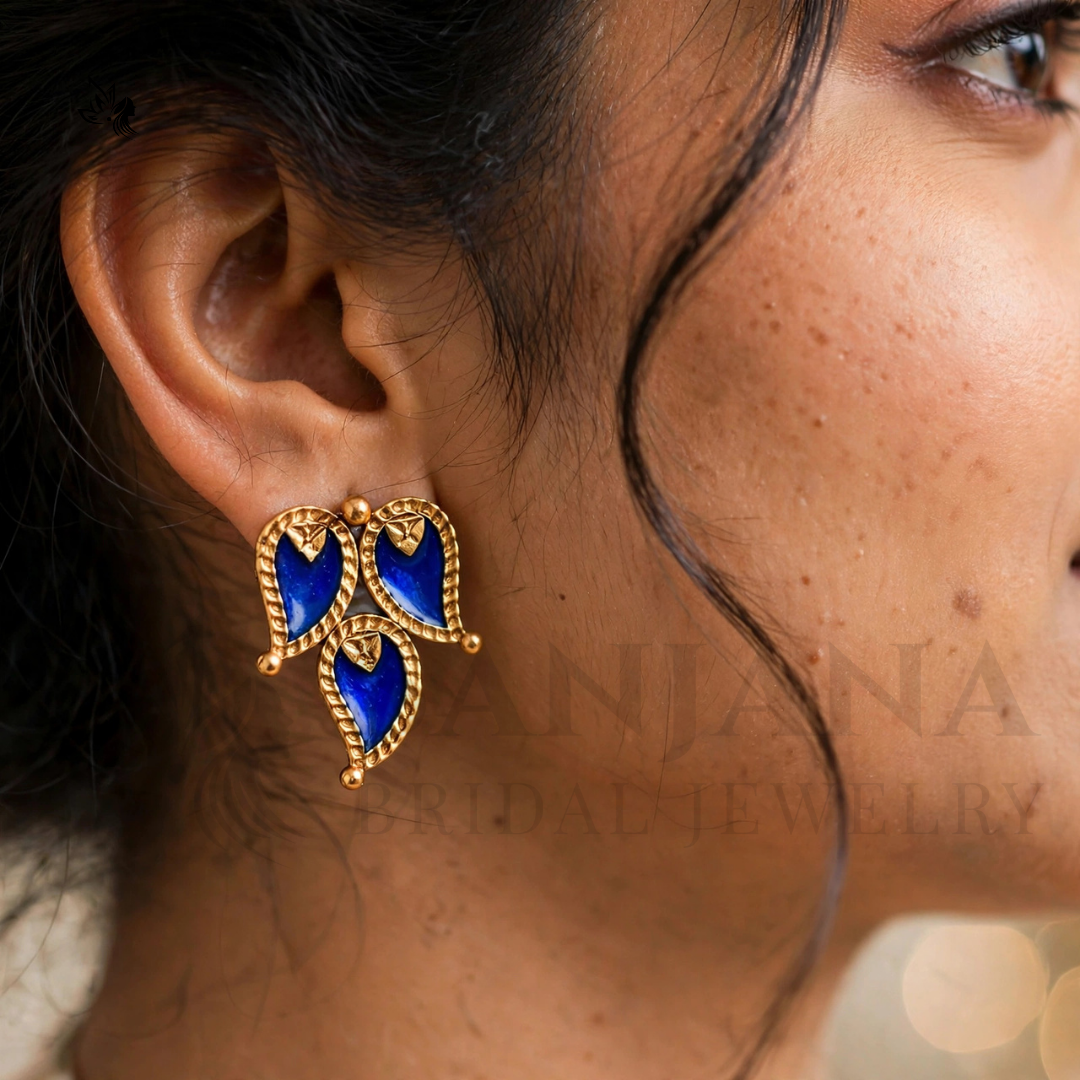 Blue Enamel Leaf Gold-Plated Necklace Set with Matching Stud Earrings