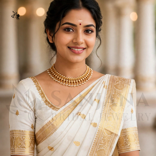 Traditional Gold-Toned Pearl Choker Necklace with Hanging Bead Clusters