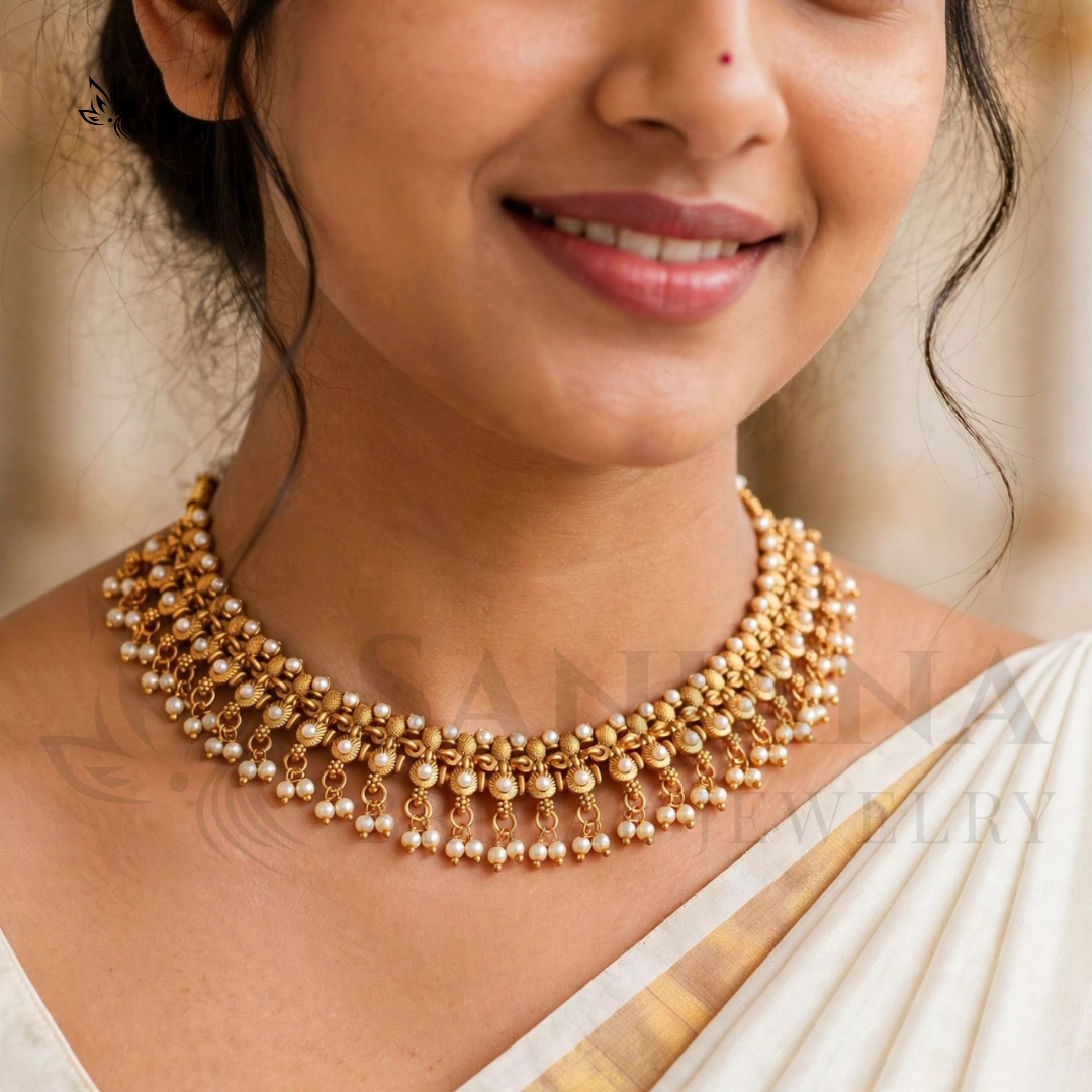 Traditional Gold-Toned Pearl Choker Necklace with Hanging Bead Clusters