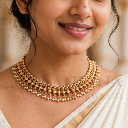Traditional Gold-Toned Pearl Choker Necklace with Hanging Bead Clusters