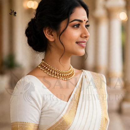 Traditional Gold-Toned Pearl Choker Necklace with Hanging Bead Clusters