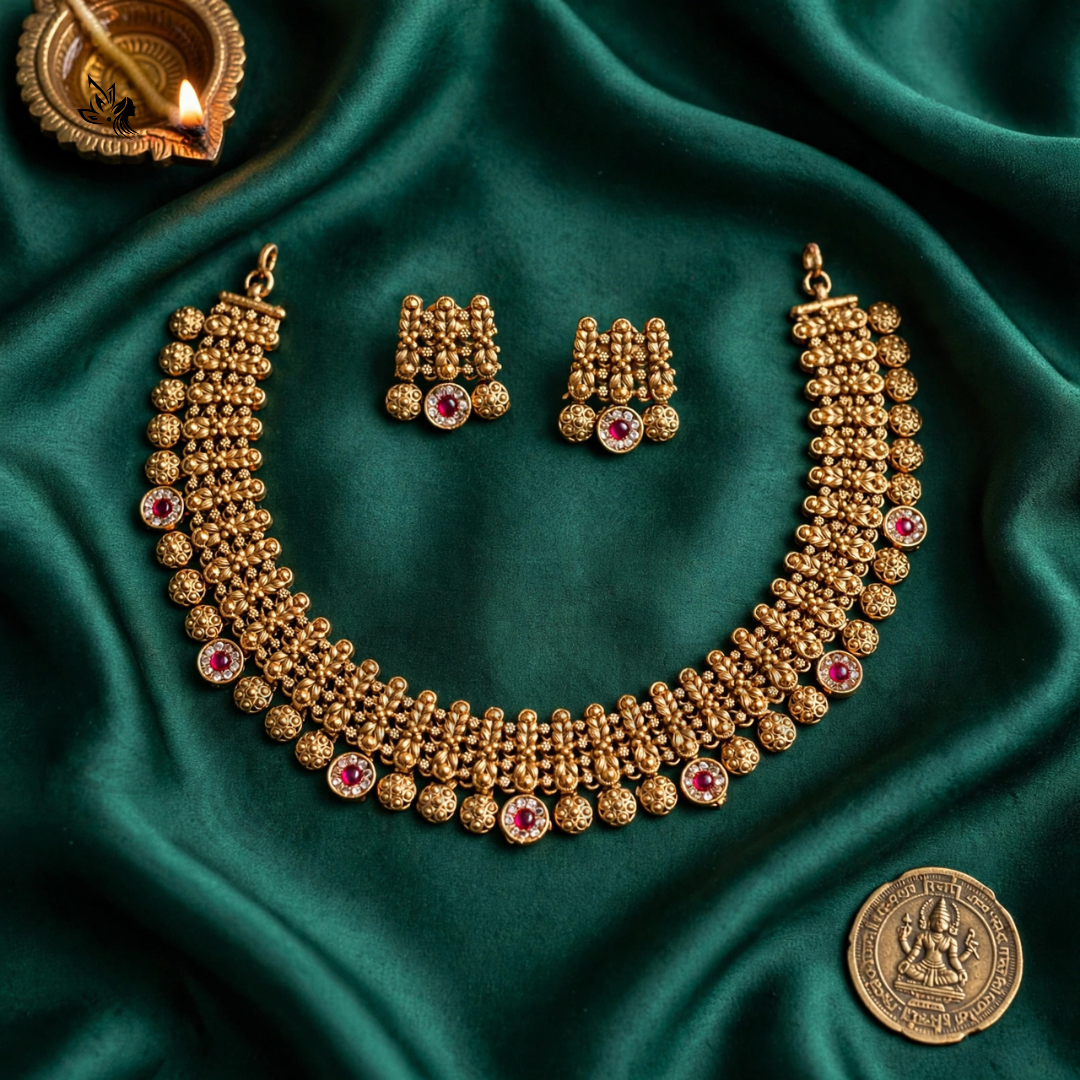 An ornate gold-toned traditional necklace set with matching earrings, displayed on draped emerald green satin fabric. The jewelry features intricate beadwork and small pink gemstone accents.
