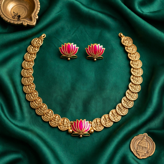 Traditional Temple Lakshmi Coin Necklace Set with Lotus Pendant & Matching Earrings