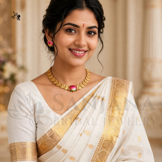 Traditional Temple Lakshmi Coin Necklace Set with Lotus Pendant & Matching Earrings
