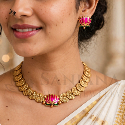 Traditional Temple Lakshmi Coin Necklace Set with Lotus Pendant & Matching Earrings
