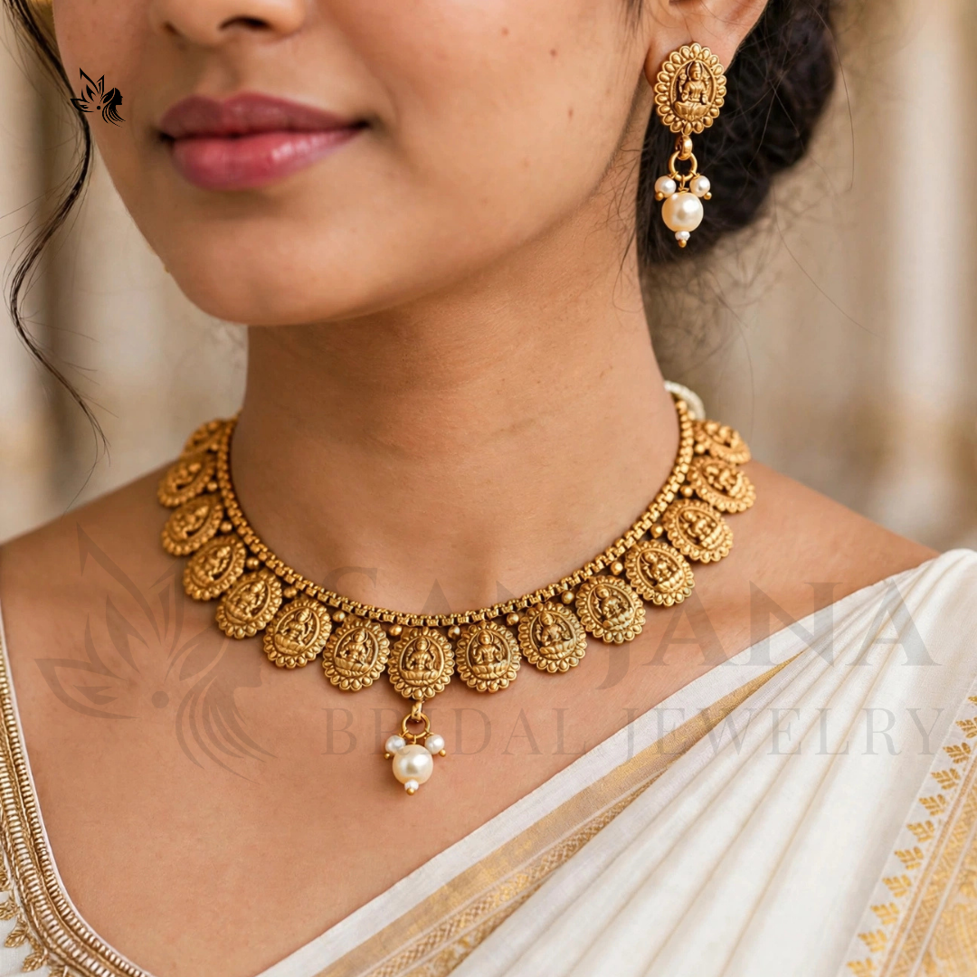 Antique Gold Temple Lakshmi Necklace and Earring Set