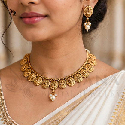 Antique Gold Temple Lakshmi Necklace and Earring Set