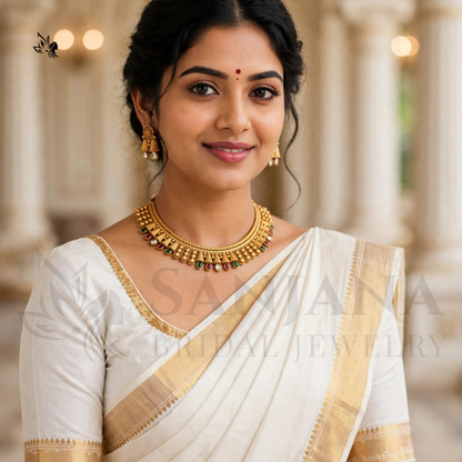 Traditional Antique Gold-Plated Bead Choker Necklace & Stud Earrings Set
