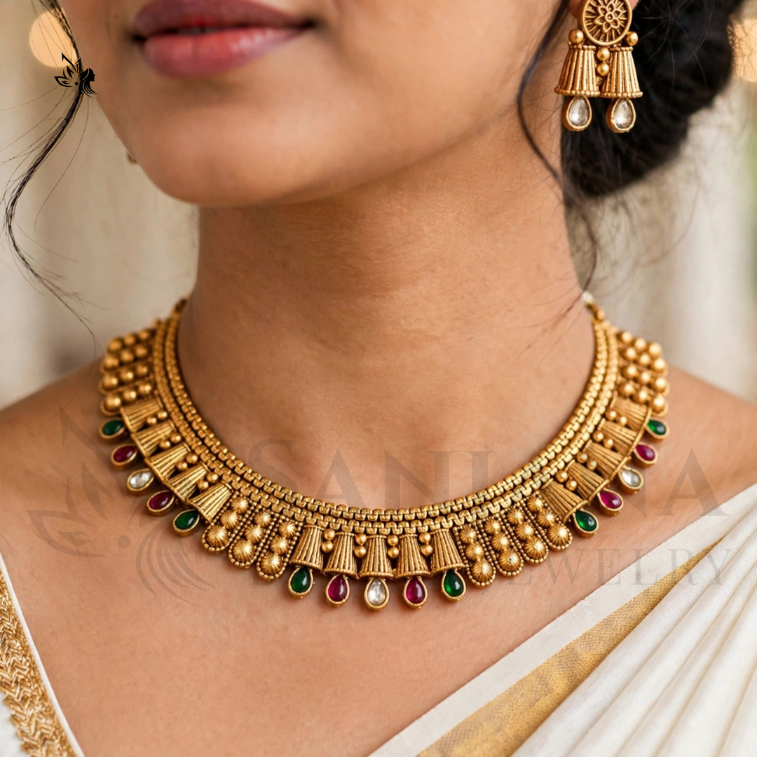 Traditional Antique Gold-Plated Bead Choker Necklace & Stud Earrings Set