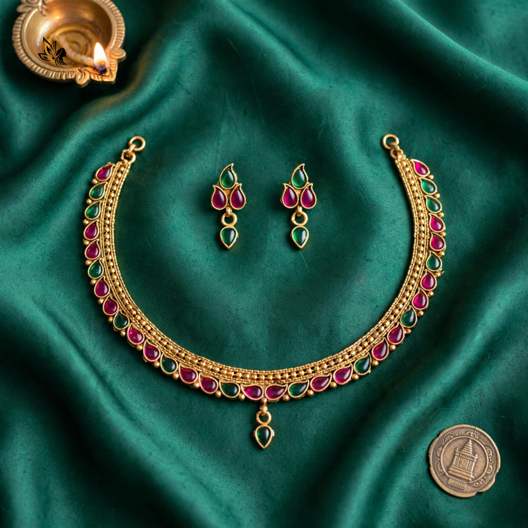 Traditional gold-toned Kemp necklace with matching drop earrings, green and magenta stones on emerald fabric.