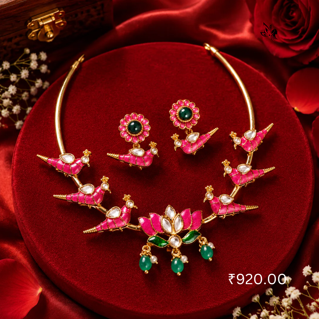 Pink Lotus & Peacock Necklace Set – Premium Designer Fashion Jewellery