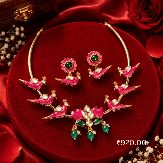 Pink Lotus & Peacock Necklace Set – Premium Designer Fashion Jewellery