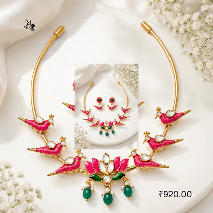 Pink Lotus & Peacock Necklace Set – Premium Designer Fashion Jewellery