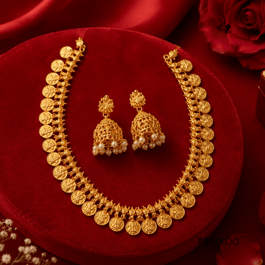 Gold Coin Necklace Set with Jhumka Earrings – Premium Bridal Fashion Jewellery