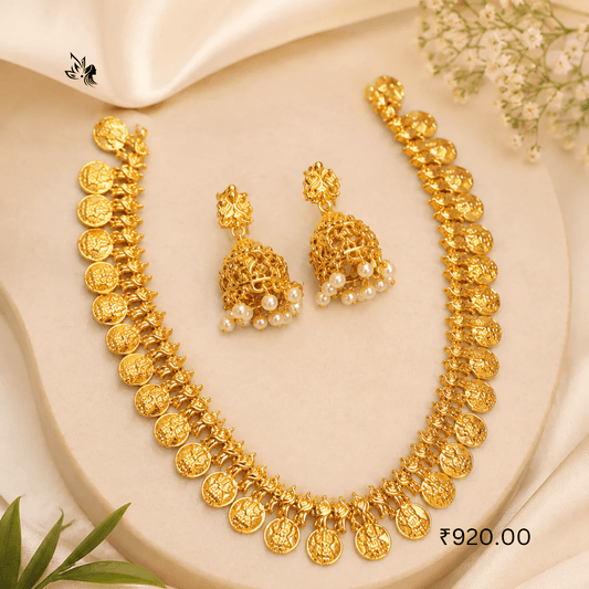 Gold Coin Necklace Set with Jhumka Earrings – Premium Bridal Fashion Jewellery