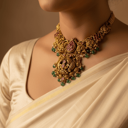 An ornate gold-toned traditional necklace with red and green stone accents, worn by a model in a cream-colored sari.