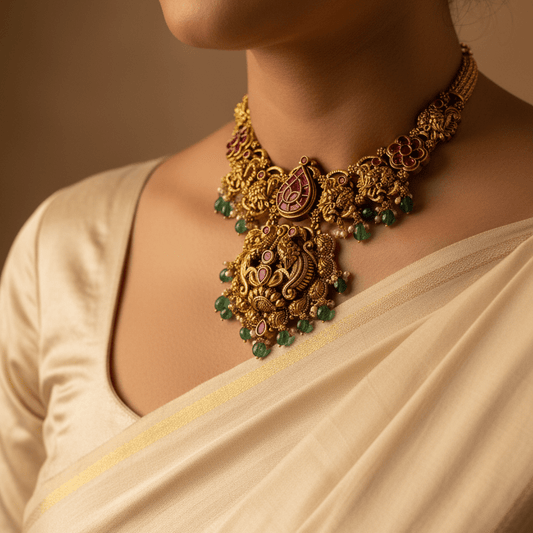An ornate gold-toned traditional necklace with red and green stone accents, worn by a model in a cream-colored sari.