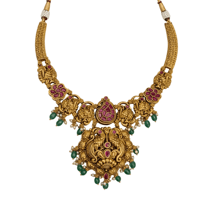 Premium Antique Peacock Temple Necklace with Ruby Kemp Stones & Green Beads