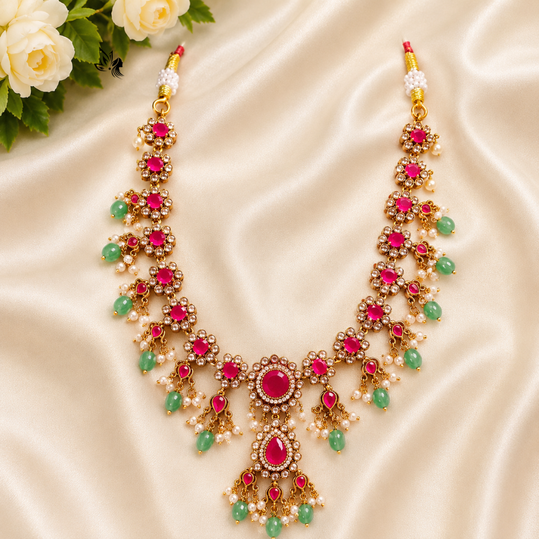 Premium Victorian Ruby & American Diamond Bridal Necklace with Green Beads
