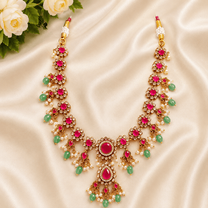 Premium Victorian Ruby & American Diamond Bridal Necklace with Green Beads