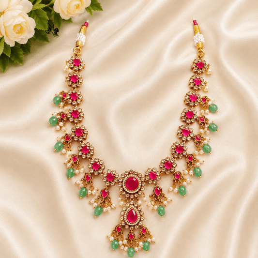 Premium Victorian Ruby & American Diamond Bridal Necklace with Green Beads