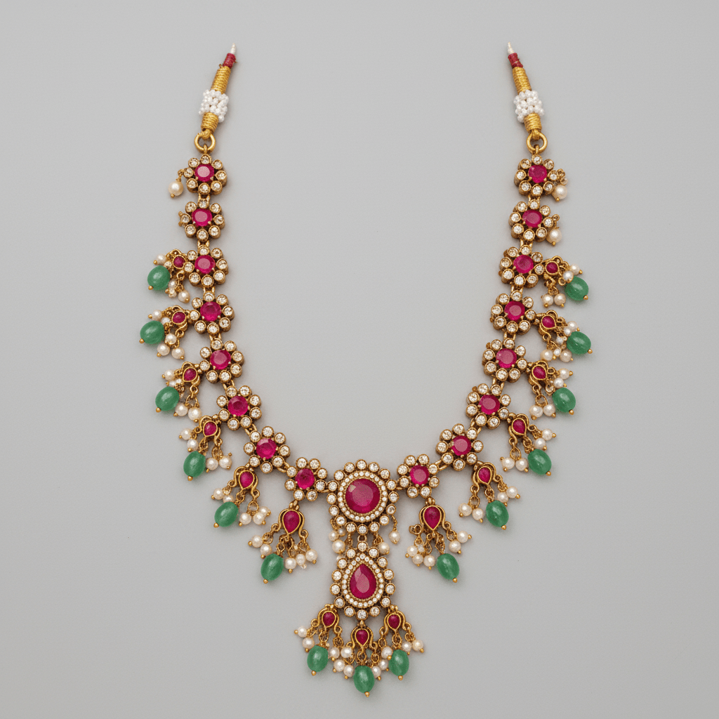 A gold-plated traditional Indian Kundan necklace with vibrant pink gemstones, green stones, and white faux pearls, displayed on a cream satin fabric background with white roses in the corner.
