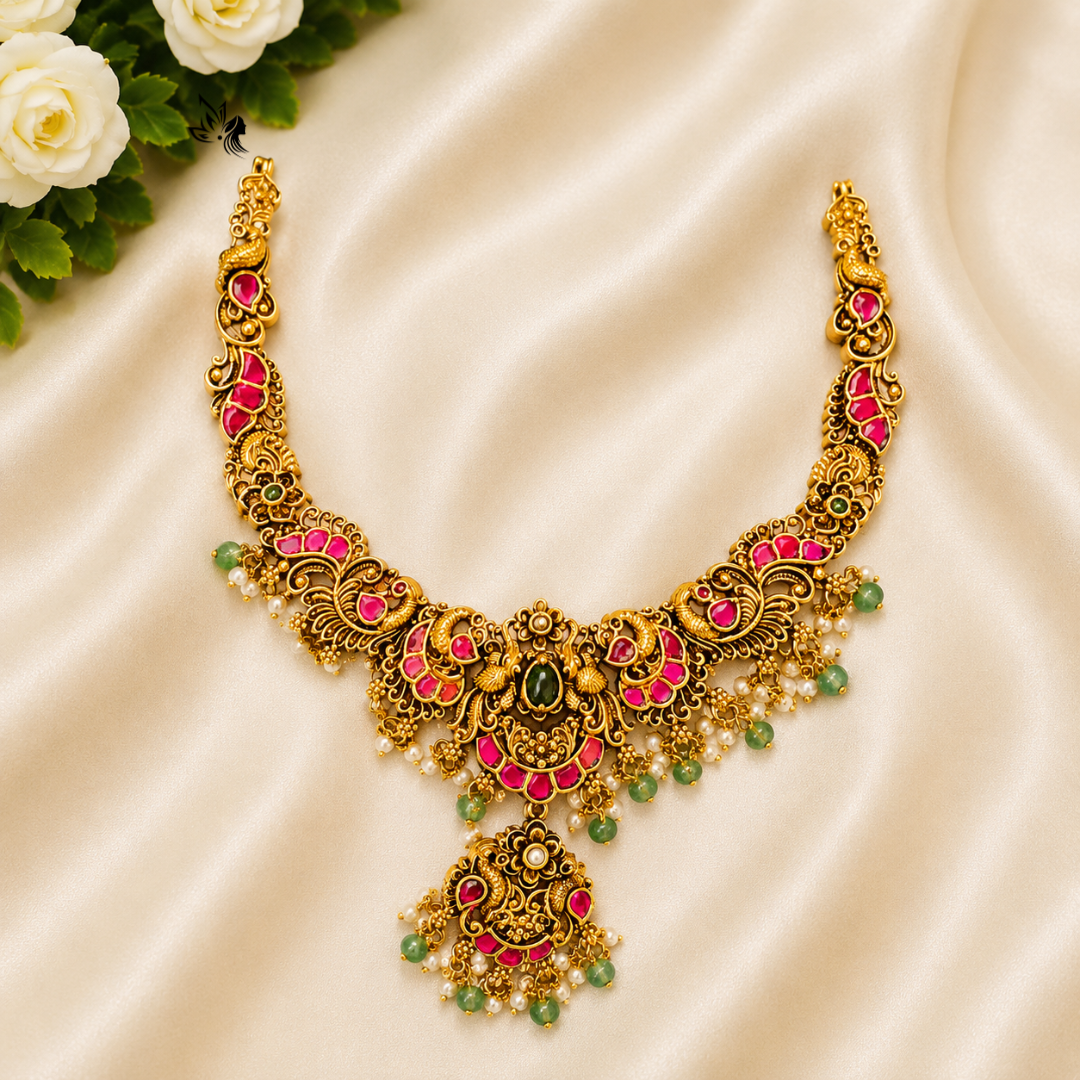 Traditional Antique Kemp Stone Bridal Necklace | Premium Temple Jewelry for Women
