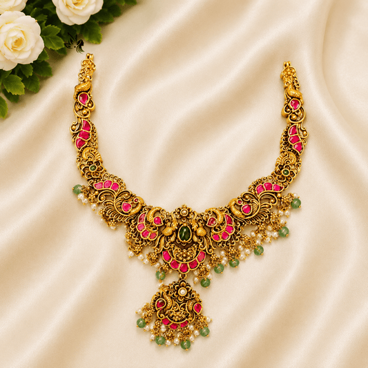 Traditional Antique Kemp Stone Bridal Necklace | Premium Temple Jewelry for Women