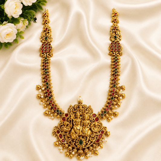 Premium Antique Shiva Parvati Temple long Necklace with Ruby & Emerald Stones