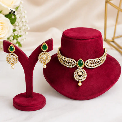 Emerald Green Gold AD Stone Choker Necklace Earrings for Women