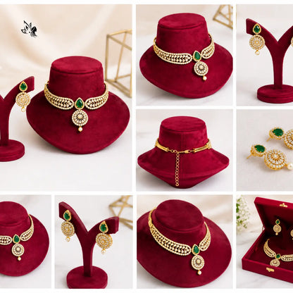 Emerald Green Gold AD Stone Choker Necklace Earrings for Women