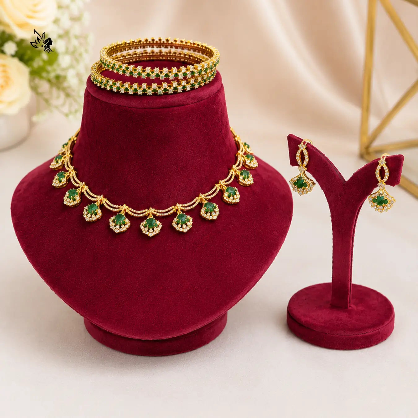 Elegant Gold-Plated Green Stone Necklace Set with Matching Earrings & Bangles