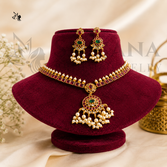 Traditional Gold AD Necklace Set with Ruby & Green Stone Drops