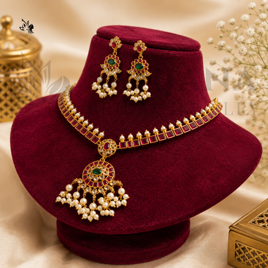 Traditional Gold AD Necklace Set with Ruby & Green Stone Drops