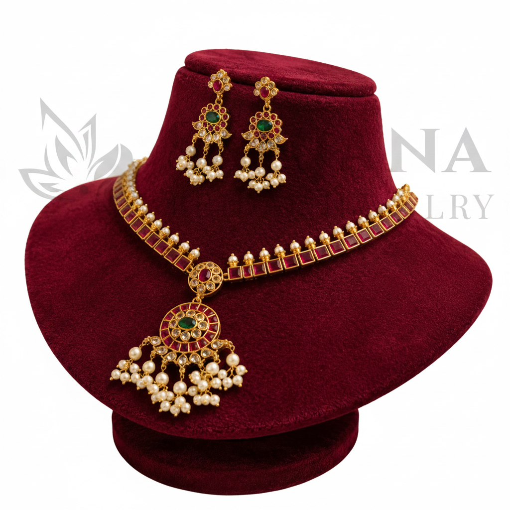 Traditional Gold AD Necklace Set with Ruby & Green Stone Drops