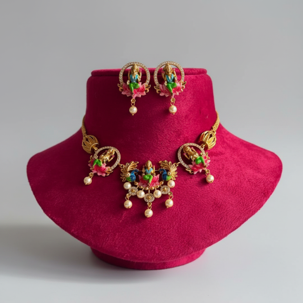 Gold-toned traditional jewelry set displayed on a magenta velvet jewelry bust, including a necklace, matching earrings, and a central pendant, with pink, green, and blue enamel details and pearl-like beads.