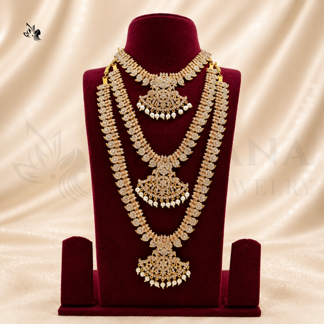 Antique Gold 3-Piece white stone Jewelry Haram & Necklace Set for Lakshmi Pooja Doll