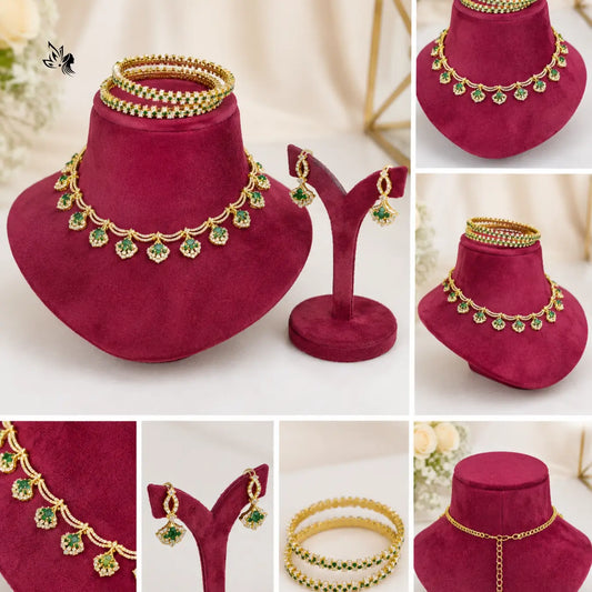 Elegant Gold-Plated Green Stone Necklace Set with Matching Earrings & Bangles