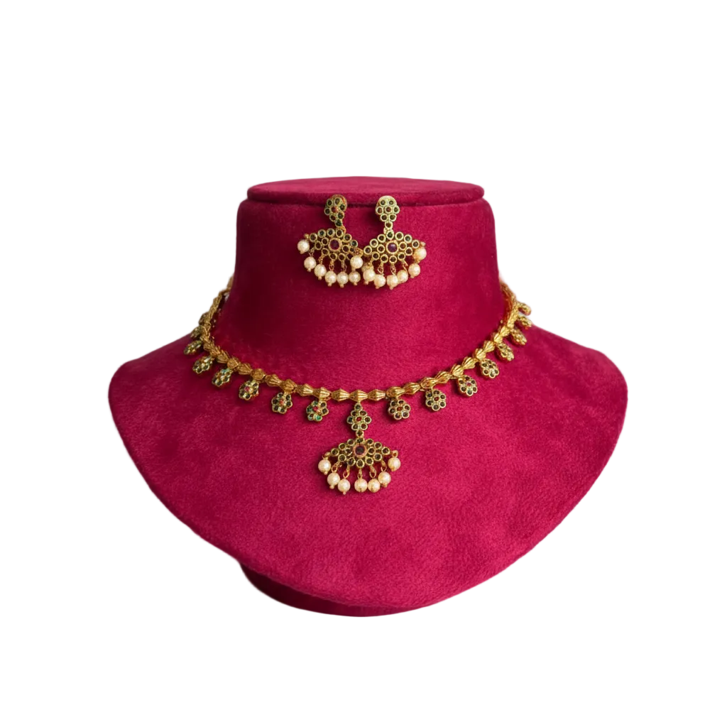Antique Gold-Plated Bridal Jewelry Set with Kundan & Bead Drop