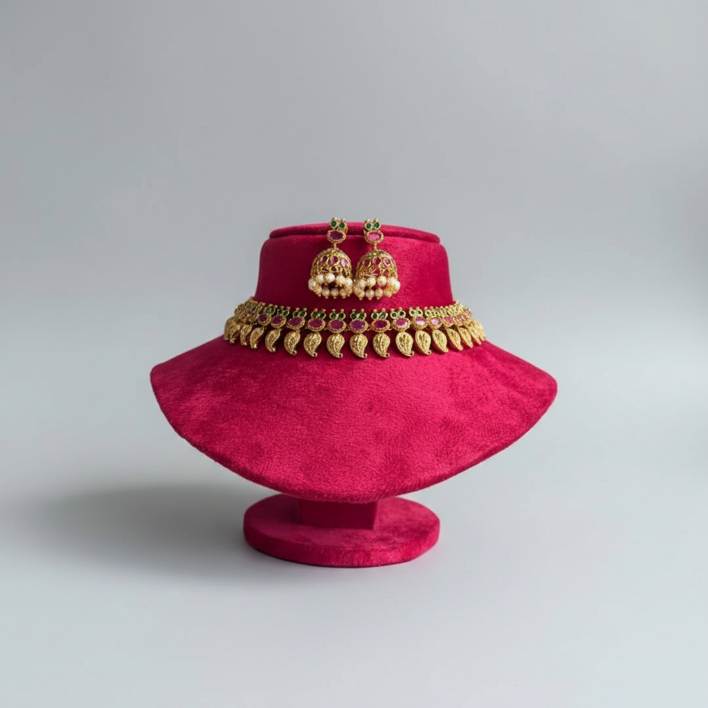Antique Gold & Ruby Manga Malai Choker Set with Jhumkis