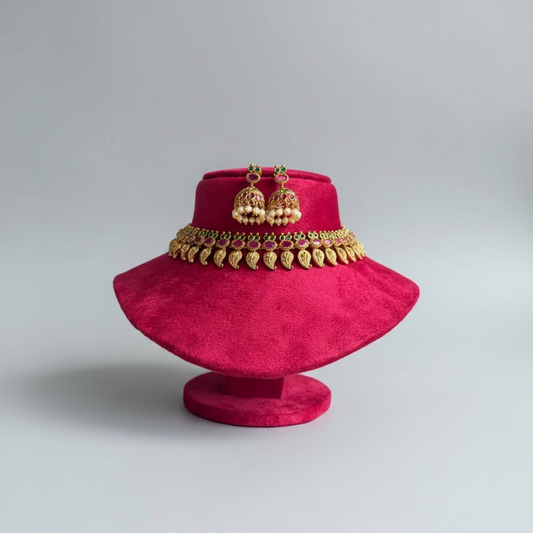 Antique Gold & Ruby Manga Malai Choker Set with Jhumkis