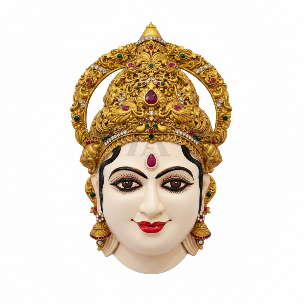 A decorative Hindu deity face mask for varalakshmi viradham with an ornate gold crown, displayed inside its clear plastic packaging on a white insert. red bindi, with gold earrings and a matching gold necklace.