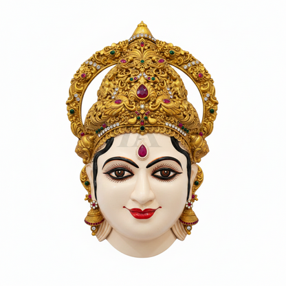A decorative Hindu deity face mask for varalakshmi viradham with an ornate gold crown, displayed inside its clear plastic packaging on a white insert. red bindi, with gold earrings and a matching gold necklace.
