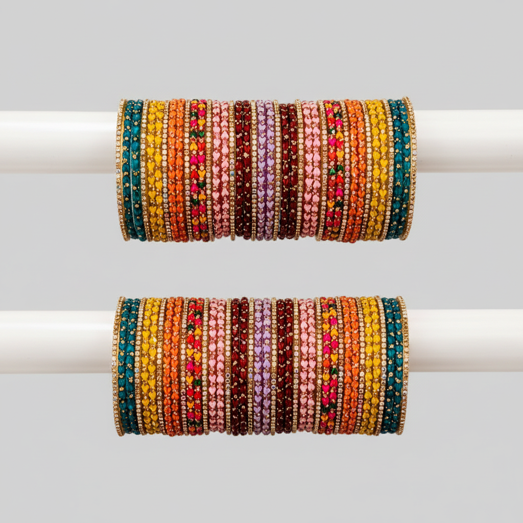 Premium Multicolor Designer Stone Glass Bangles Set for Women | Bridal & Festive Wear