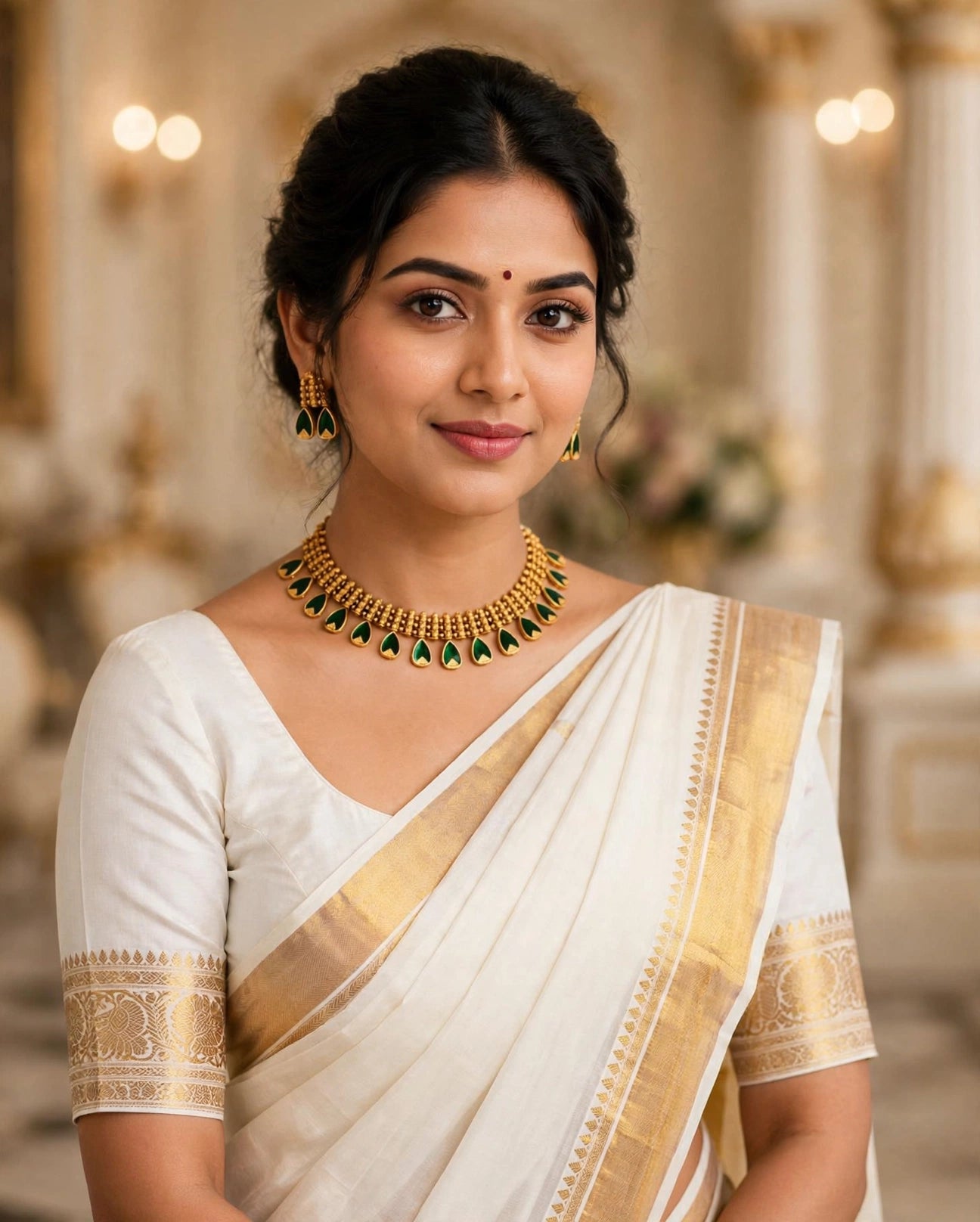 Model wearing emerald green palakka temple necklace set with Kerala saree